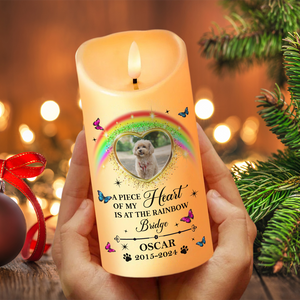 Custom Photo Pet Memorial A Piece Of My Heart Is At The Rainbow Bridge LED Candle HO82 891923