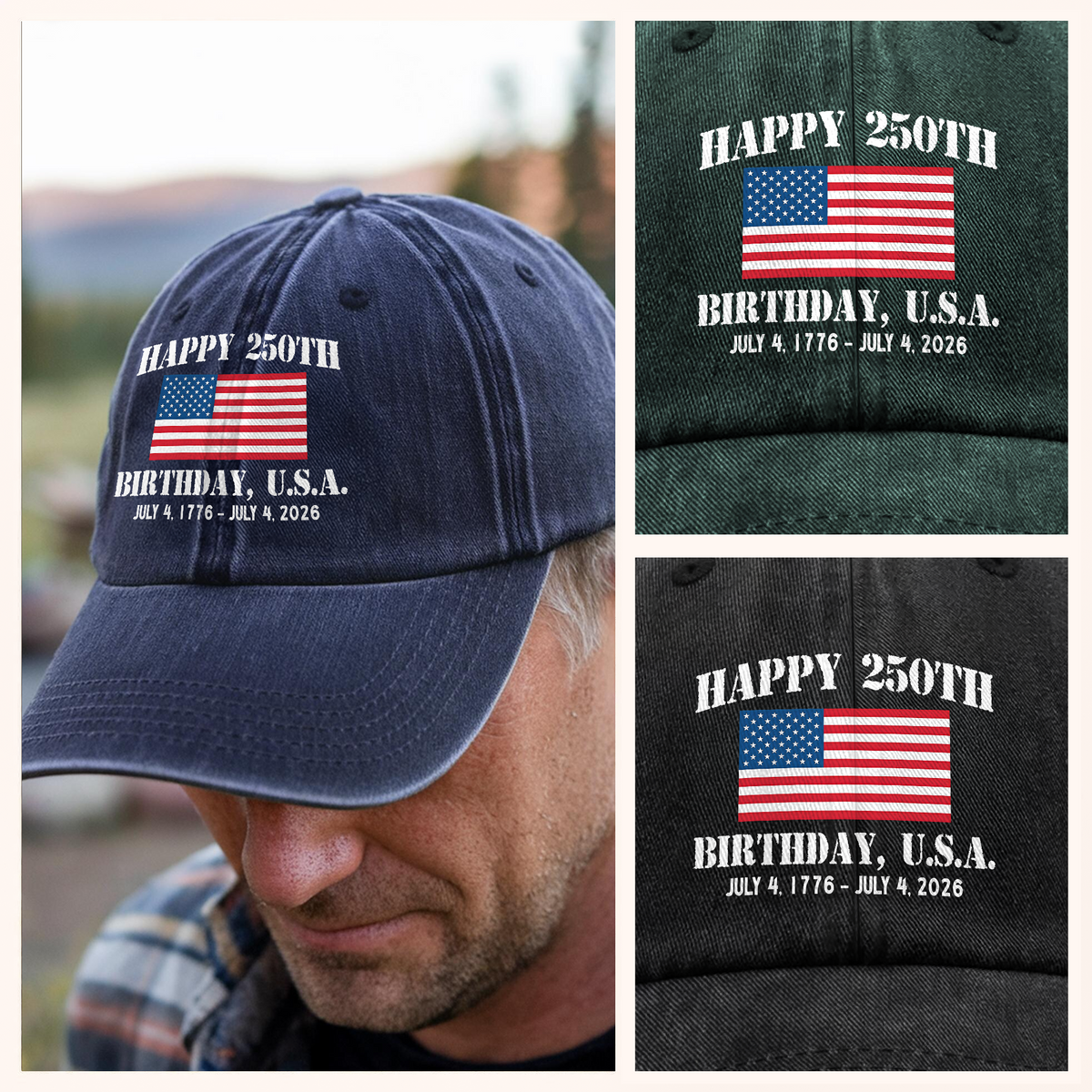 Happy 250th Birthday USA Patriotic 4th Of July Washed Denim Baseball Cap HO82 900372