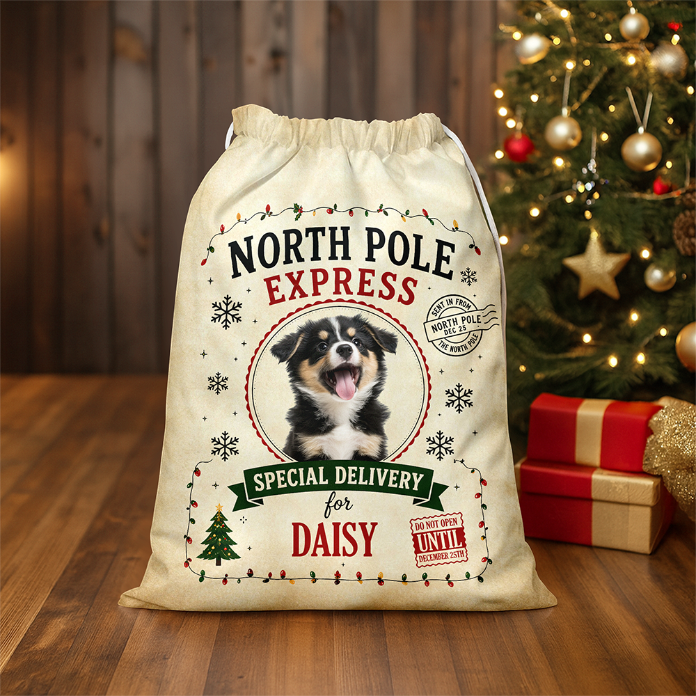 Personalized Dog Photo North Pole Express Christmas Santa Sack For Dog Mom Dad CH07 180452