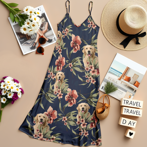Custom Cute Dog Photo With Floral Pattern Women's V-neck Cami Maxi Dress LM32 893313