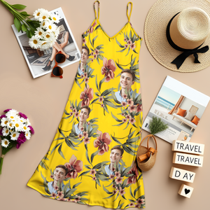 Custom Human Photo With Floral Pattern Women's V-neck Cami Maxi Dress LM32 893329