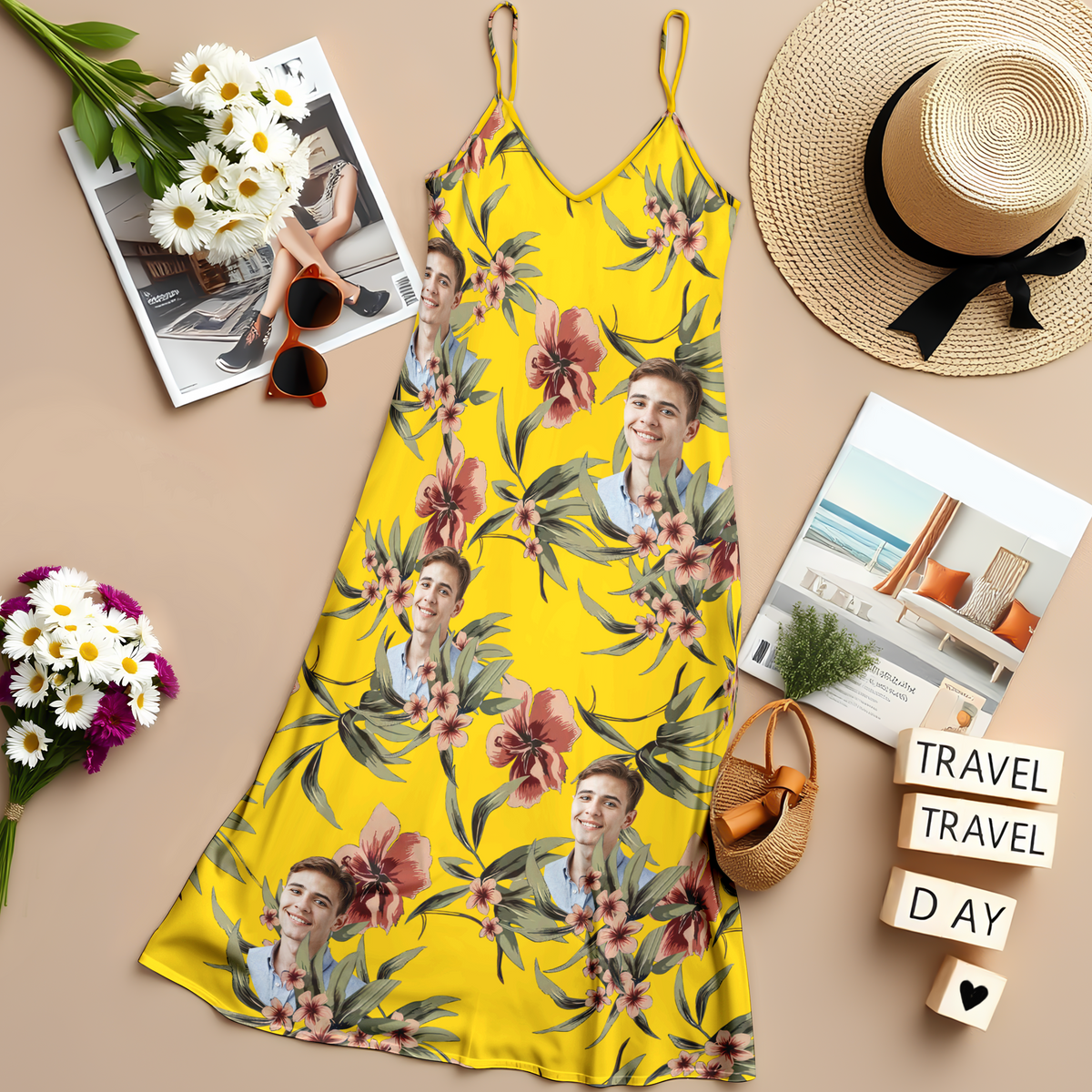 Custom Human Photo With Floral Pattern Women's V-neck Cami Maxi Dress LM32 893329