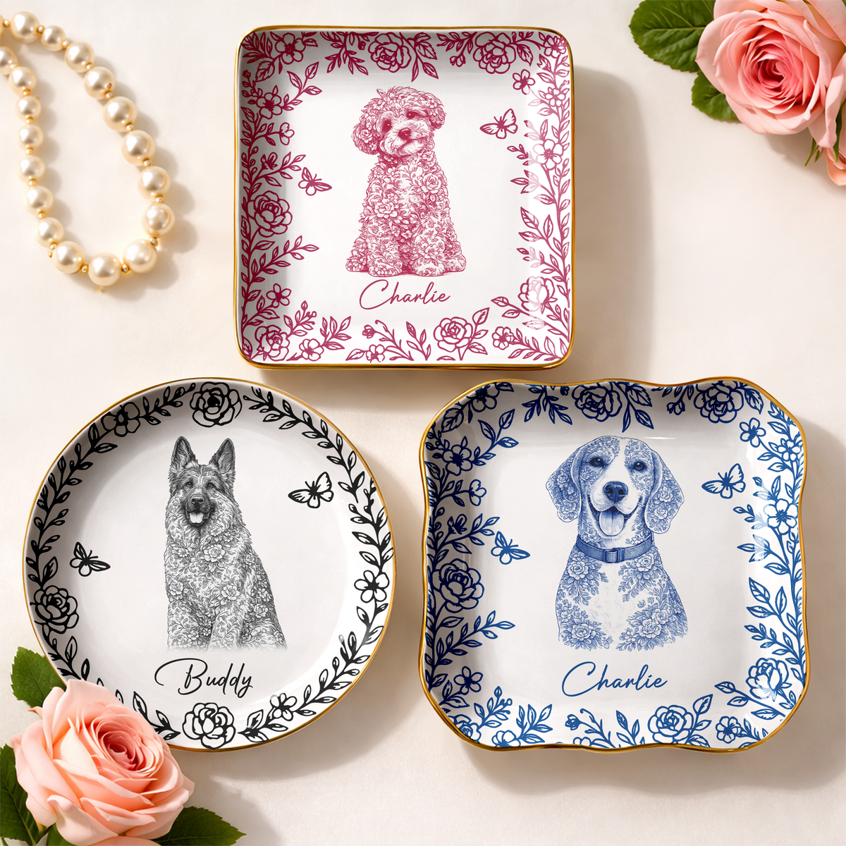 Custom Dog Cat Toile De Jouy Pet Ring Dish For Pet Lover Gift LM32 899679