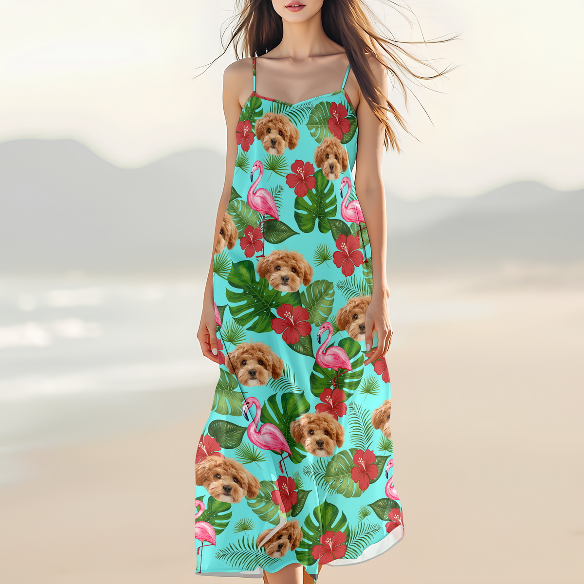 Custom Dog Photo Tropical Hawaii Style Personalized Women's V-Neck Cami Maxi Dress For Summer Holiday CH07 895672