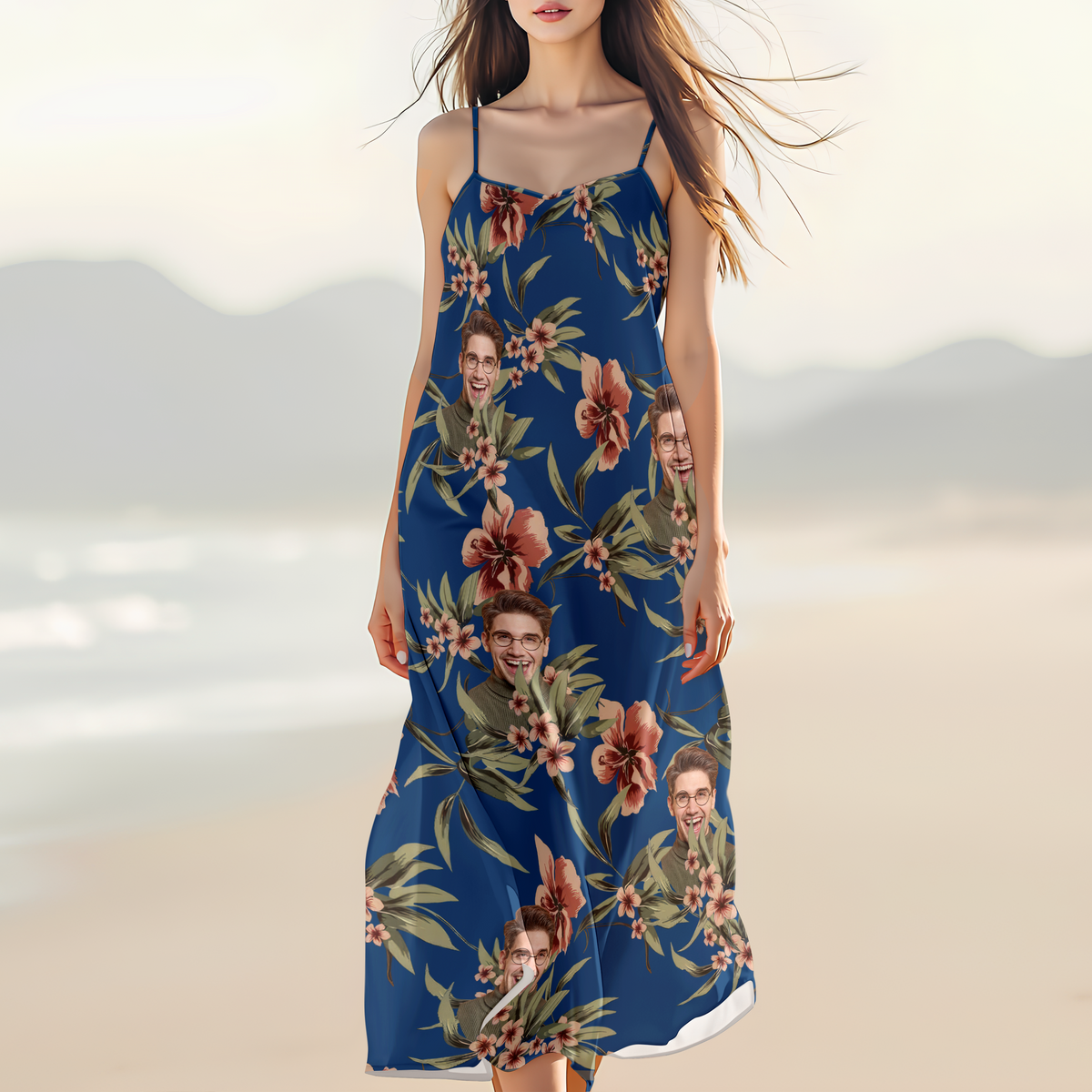 Custom Human Photo With Floral Pattern Women's V-neck Cami Maxi Dress LM32 893329