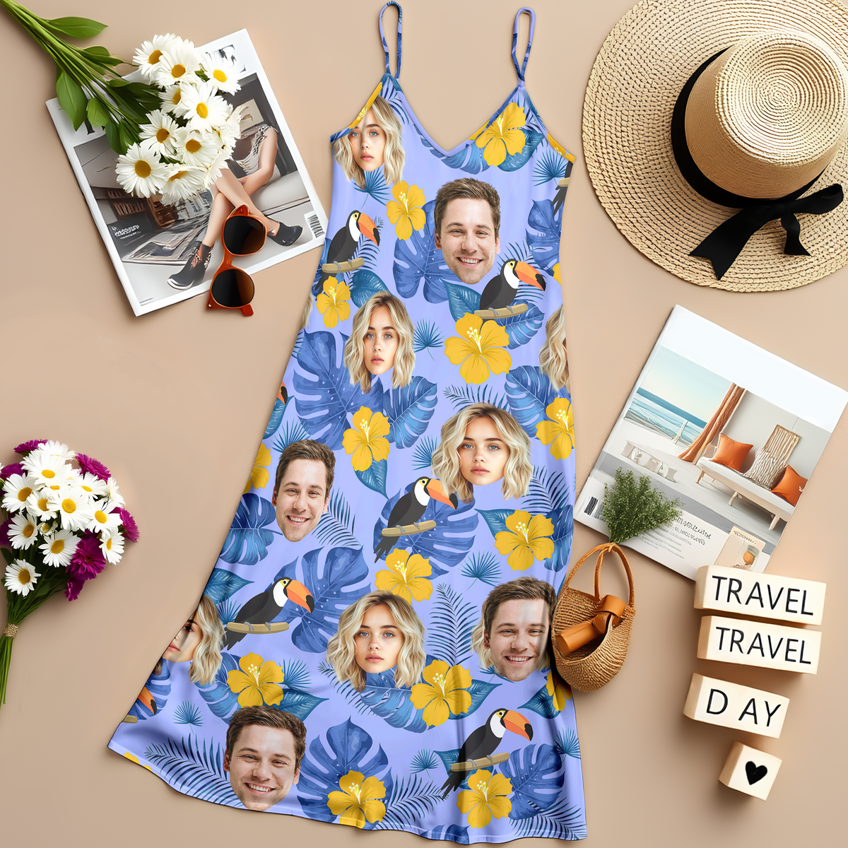 Custom Photo Tropical Hawaii Style Personalized Women's V-Neck Cami Maxi Dress For Summer Holiday CH07 895604