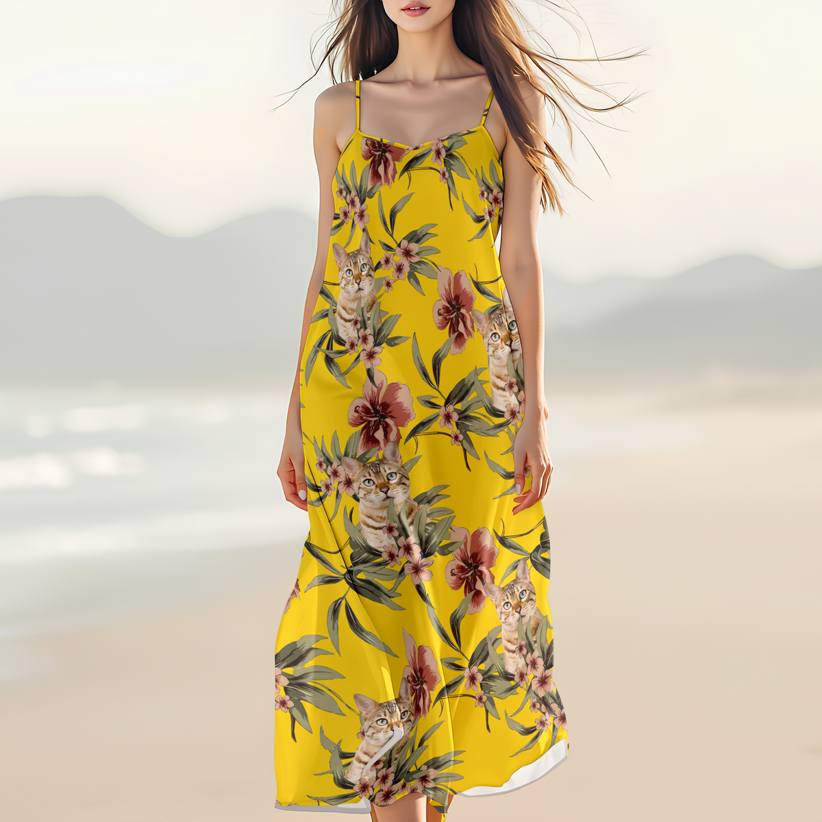 Custom Cat Photo With Floral Pattern Women's V-neck Cami Maxi Dress LM32 893327