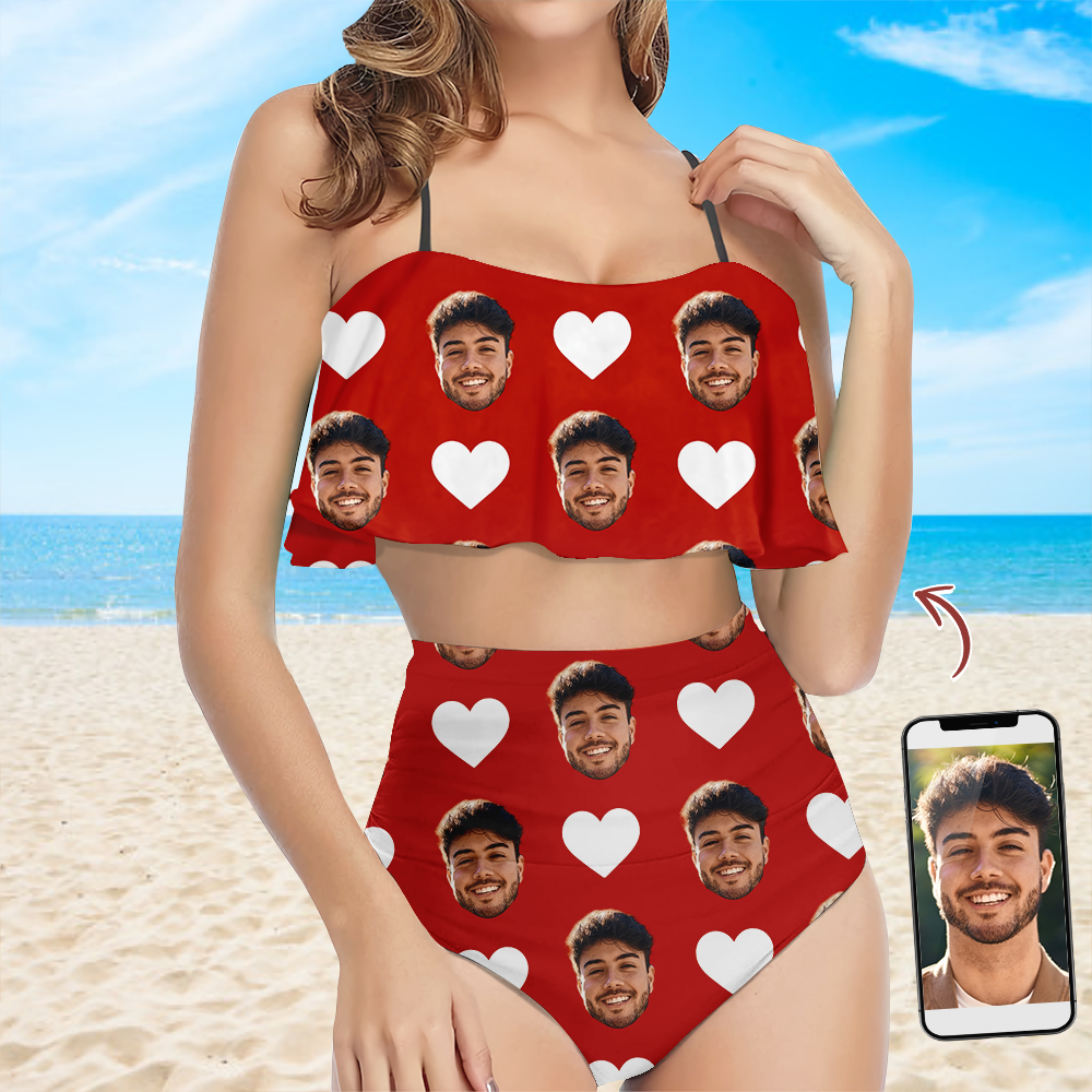 Custom Husband Face Bikini Swimsuit With Heart Pattern - Personalized Gift for Women LM32 899875