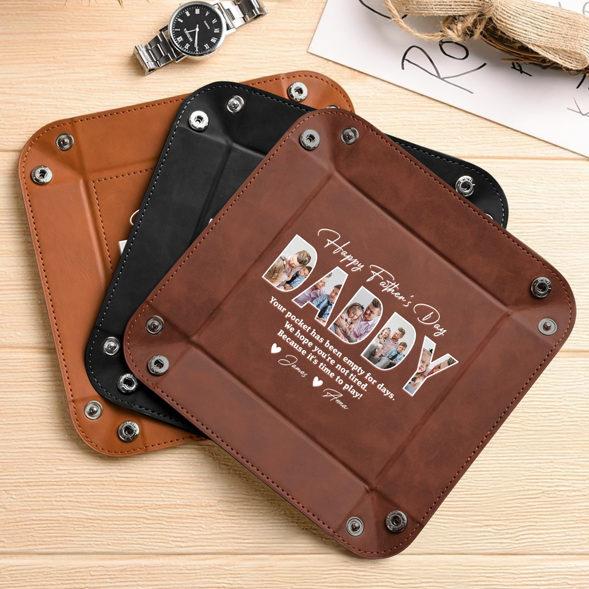 Custom Photo Happy Father's Day Family Leather Valet Tray LM32 893615