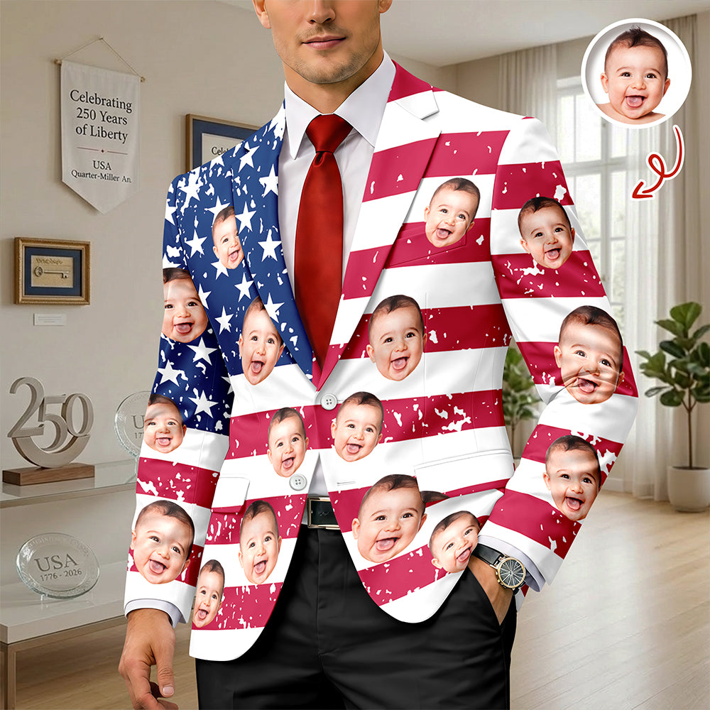 Custom Face Photo With US Flag Vertical Stripes Men's Suit HO82 902078