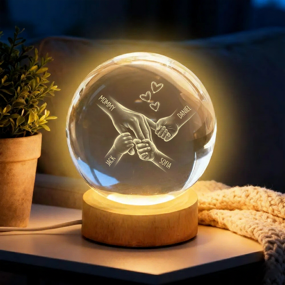 Kids Holding Mom's Hand - Personalized Engraved Crystal Ball LED Night Light - Heartfelt Mother's Day Gift for Mom, Wife HO82 901448