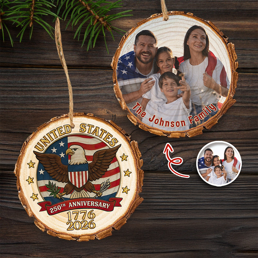 Custom Family Photo USA 250th Anniversary Eagle USA Flag Wood Slice Ornament HO82 900124