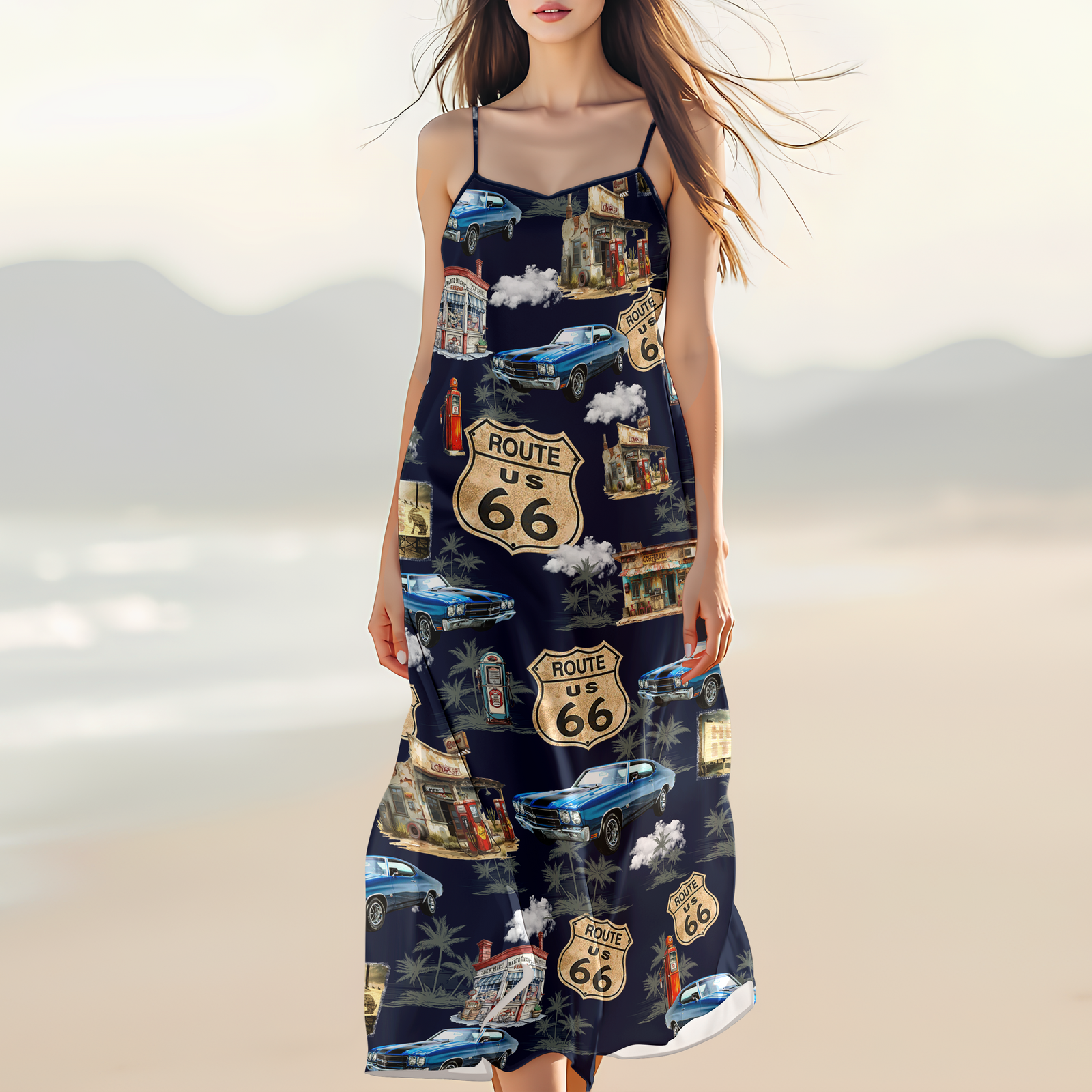 Custom Car Photo Rout 66 Authentic V-Neck Cami Maxi Dress TH10 892735