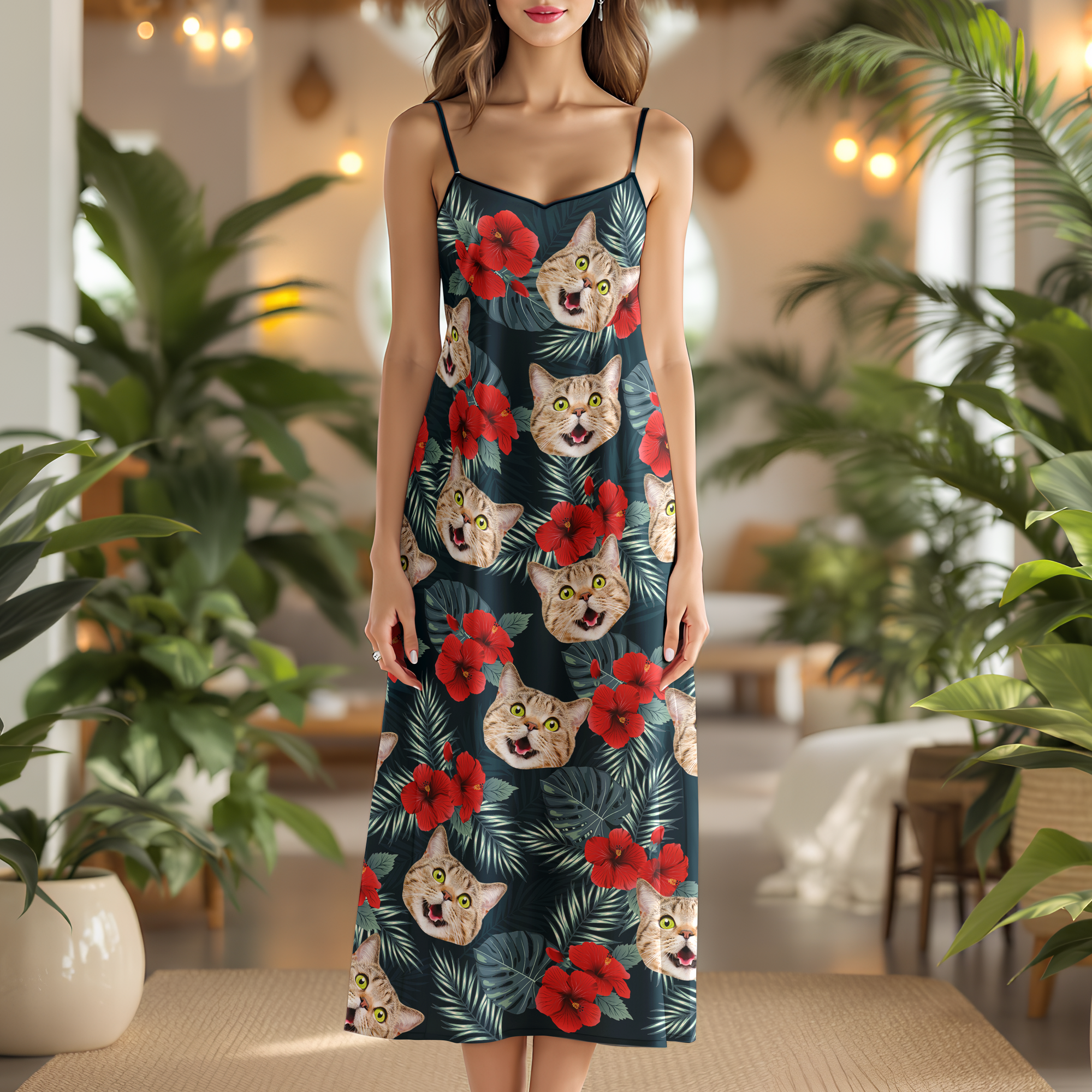 Custom Cat Photo Tropical Women's V-Neck Cami Maxi Dress HA75 892236