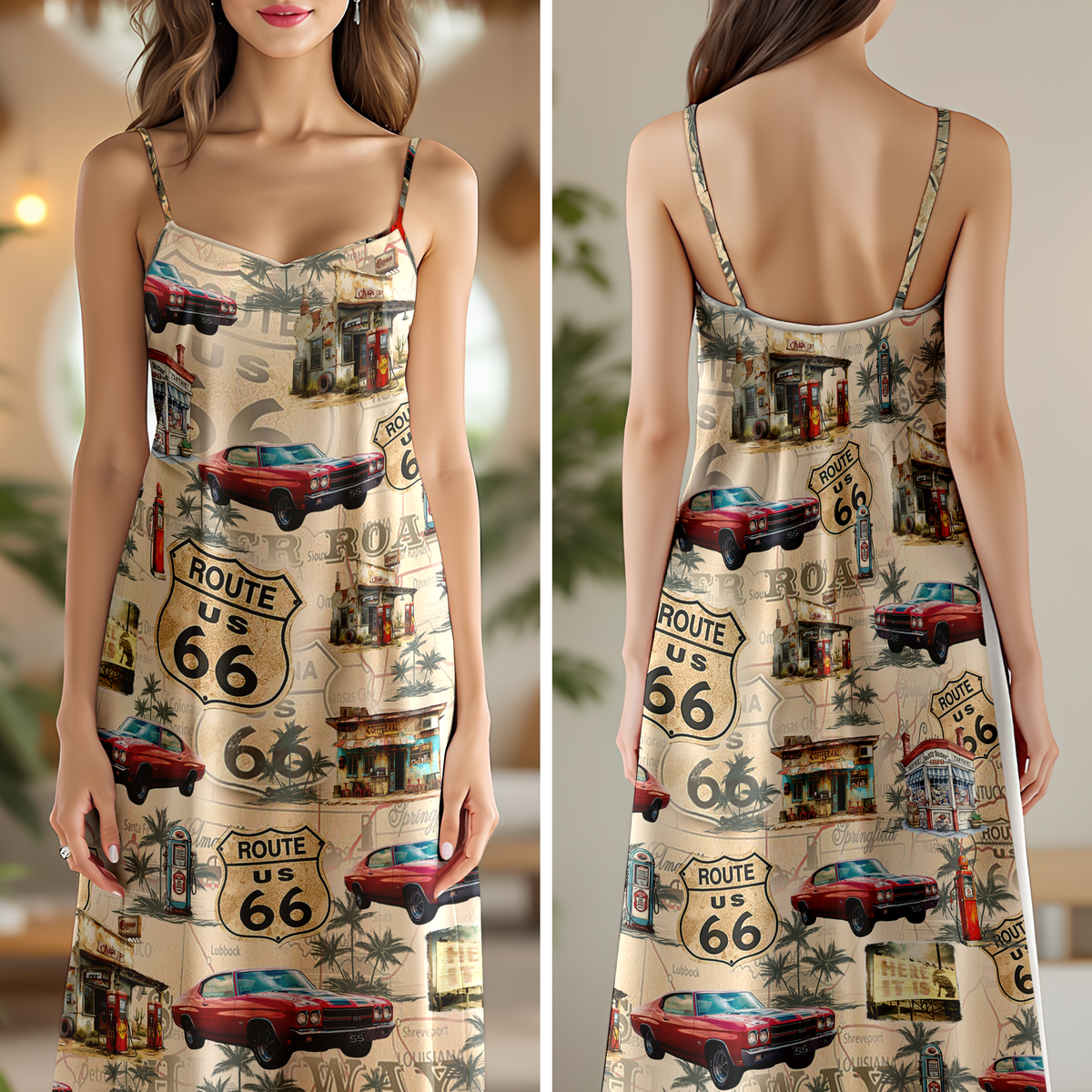 Custom Car Photo Rout 66 Authentic V-Neck Cami Maxi Dress TH10 892735