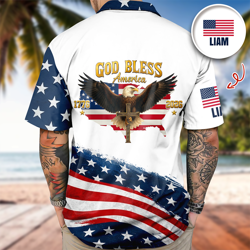 God Bless America Shirt – Personalized Name USA Flag Eagle Cross Hawaiian Shirt CH07 911292