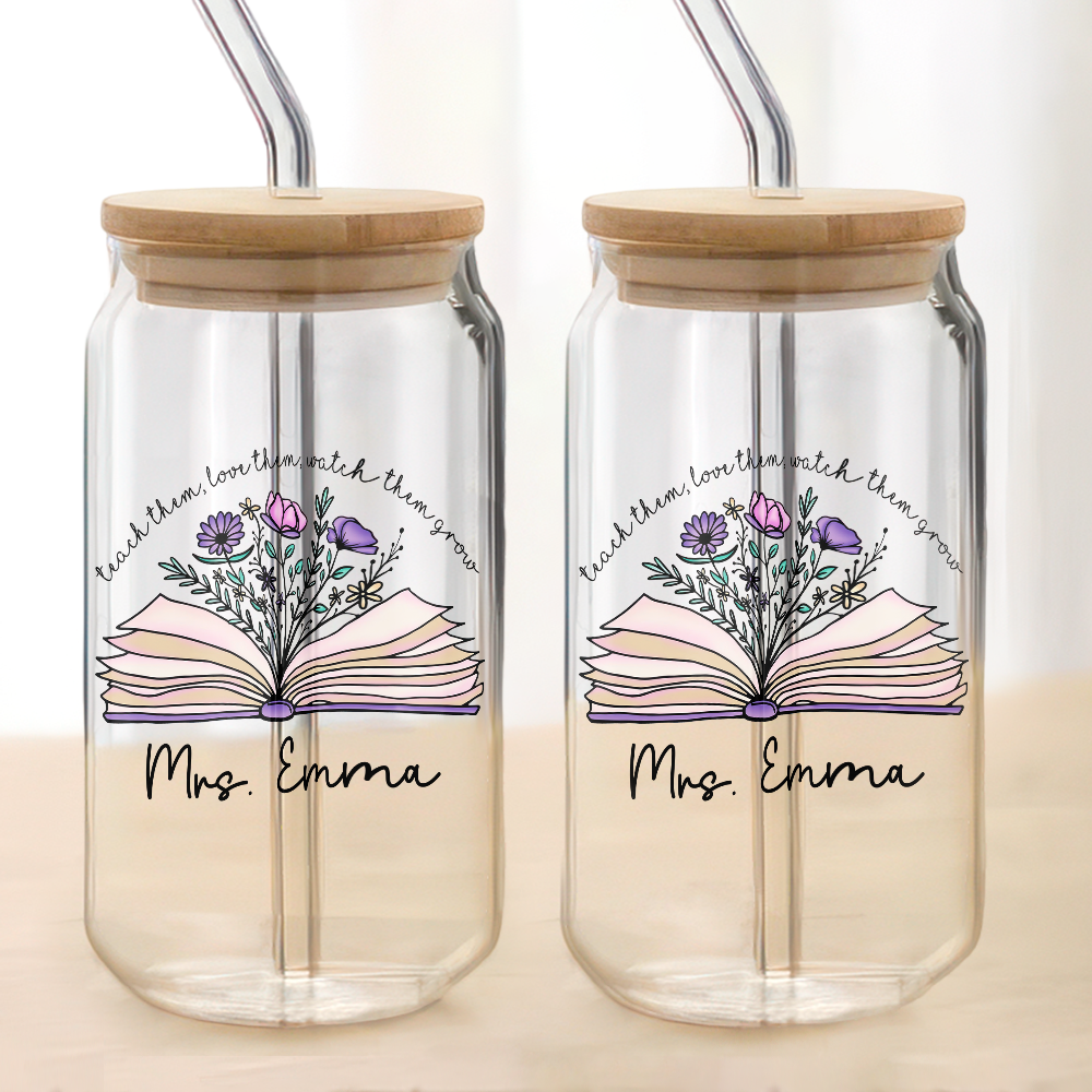 Personalized Gift For Teacher Appreciation With Flower and Book Glass Can With Lid LM32 893743