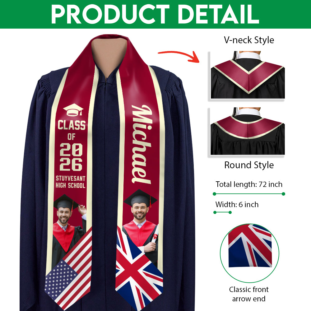 Custom Photo Country Flag Class of 2026 Graduation Stoles CH07 910060