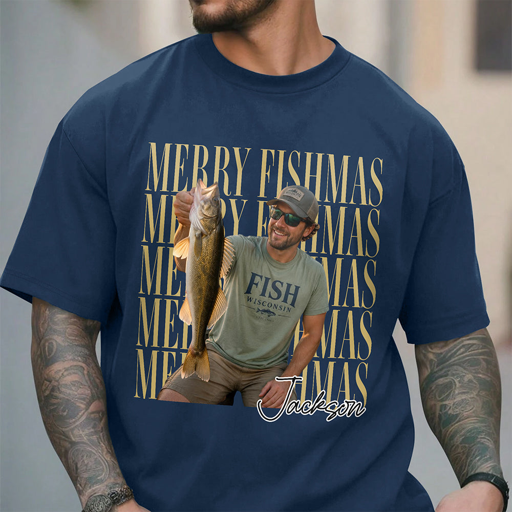 Personalized Vintage Photo Merry Fishmas Comfort Shirt Gift For Fishing Lovers HA75 922116