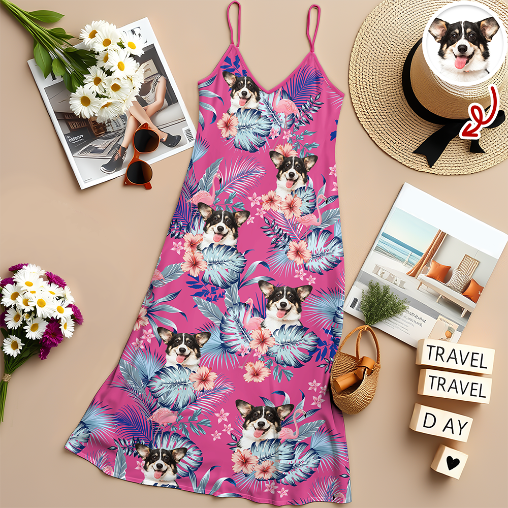 Custom Dog Cat Photo Tropical Vacation Aloha Hawaii Cami Maxi Dress HO82 901986