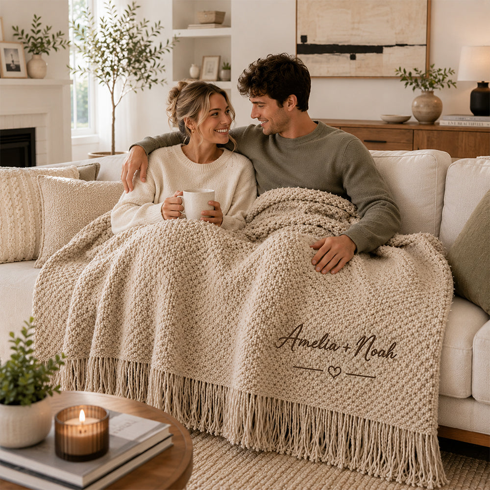 Custom Couple Name Embroidered Knit Throw Blanket, Personalized Wedding Gift, Anniversary Gift CH07 180106