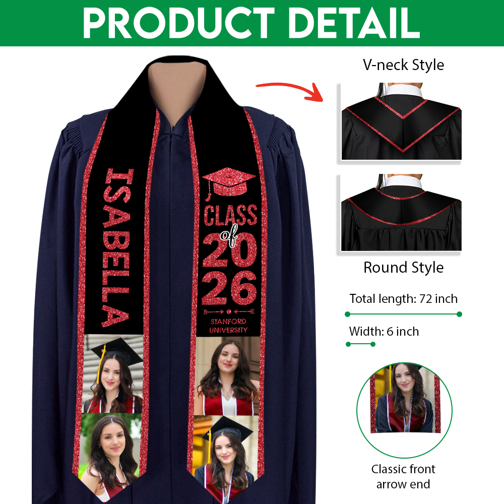 Custom Photo Class of 2026 Glitter Graduation Stole – Personalized Grad Sash LM32 899321