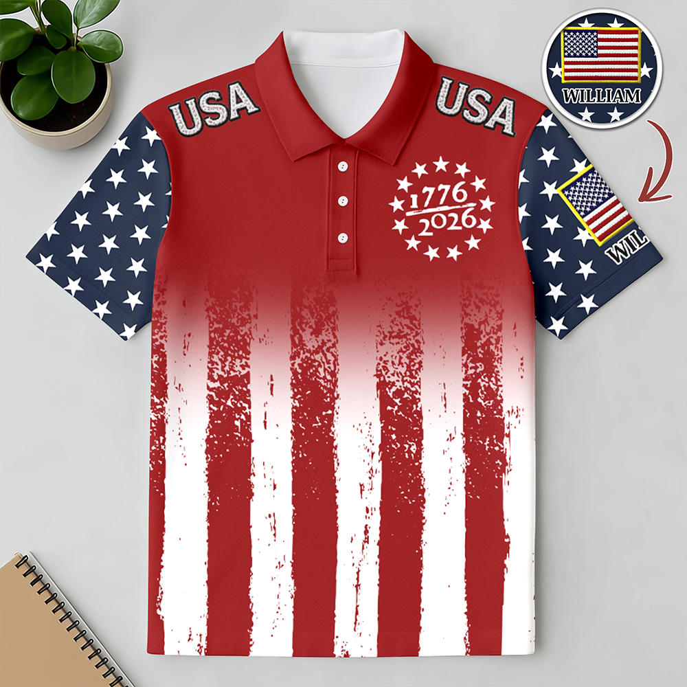 Custom Name USA 250 Years of Independence 1776–2026 American Flag Patriotic Polo Shirt HO82 902024