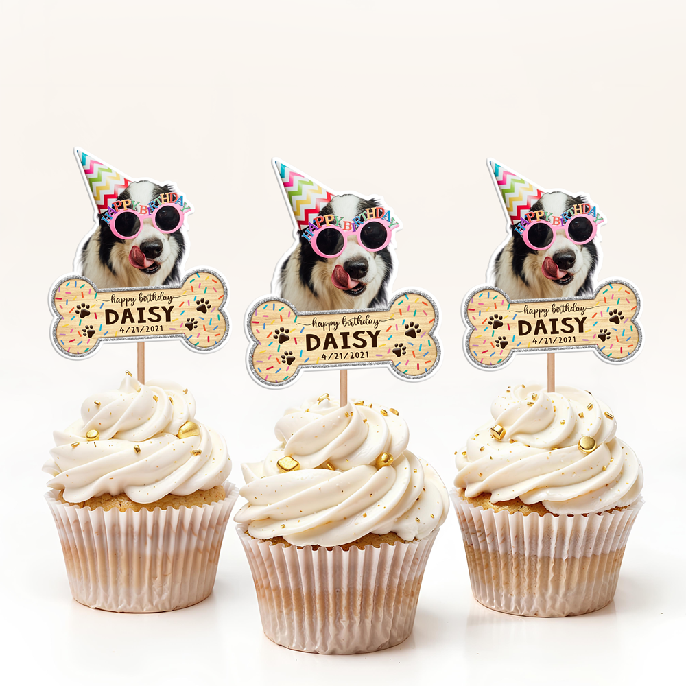 Custom Dog Photo With Bone Cupcake Toppers For Dog Birthday HO82 893664