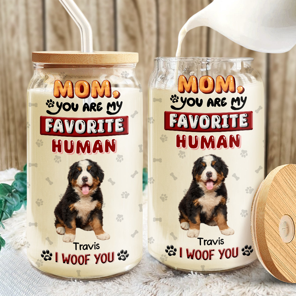 Custom Photo Mom, Dad You Are My Favorite Human Dog Glass Can With Lid HA75 892058