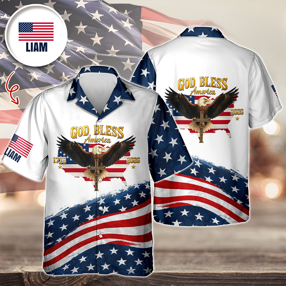 God Bless America Shirt – Personalized Name USA Flag Eagle Cross Hawaiian Shirt CH07 911292