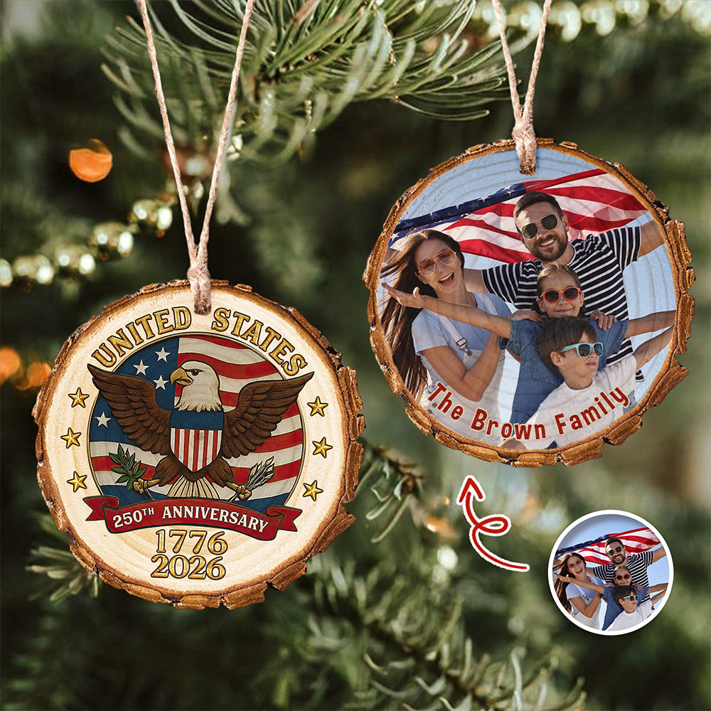 Custom Family Photo USA 250th Anniversary Eagle USA Flag Wood Slice Ornament HO82 900124