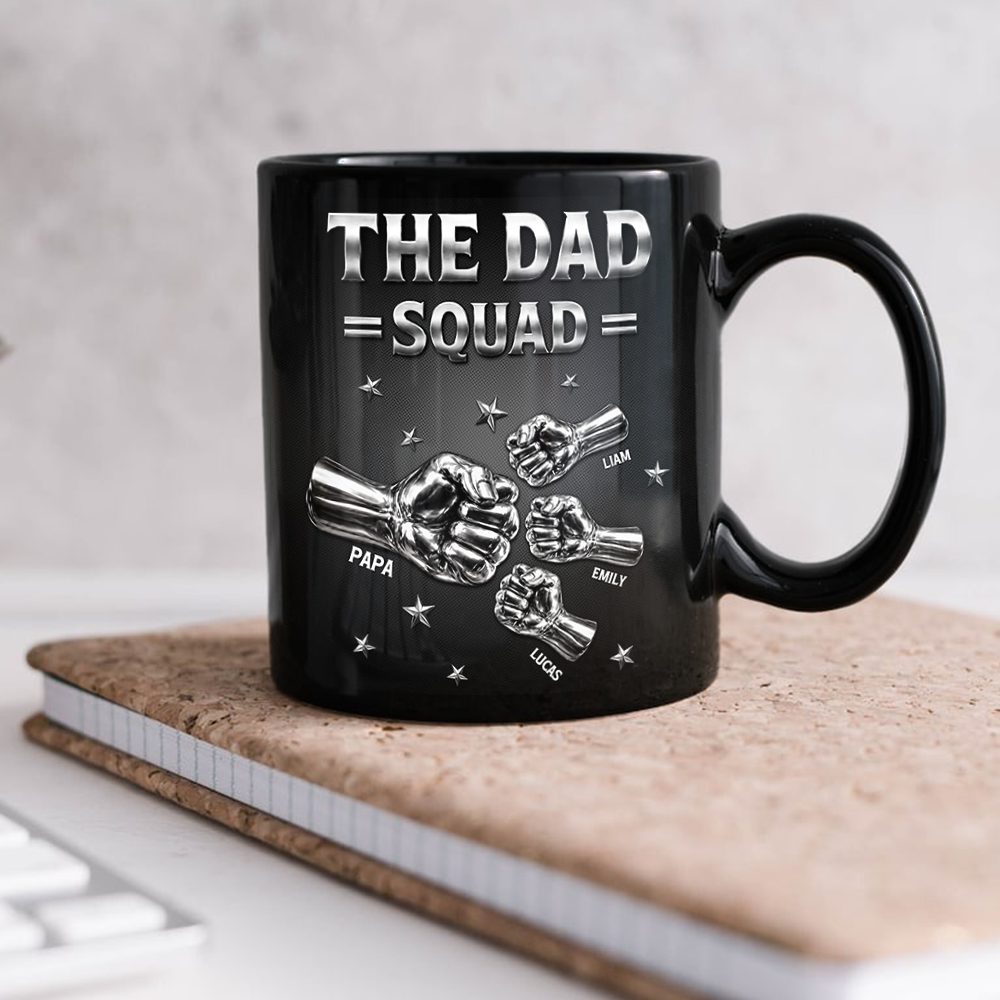 Custom Name The Dad Squad Fist Bump Black Mug - Personalized Father’s Day Gift HO82 902604