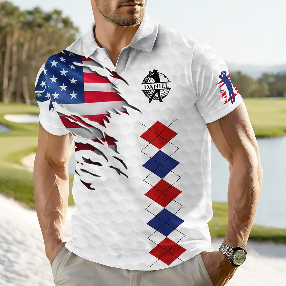 Personalized Golf American Flag Polo Shirt, White Golf Texture American Flag, Patriotic Golf Gift For Men HO82 900826