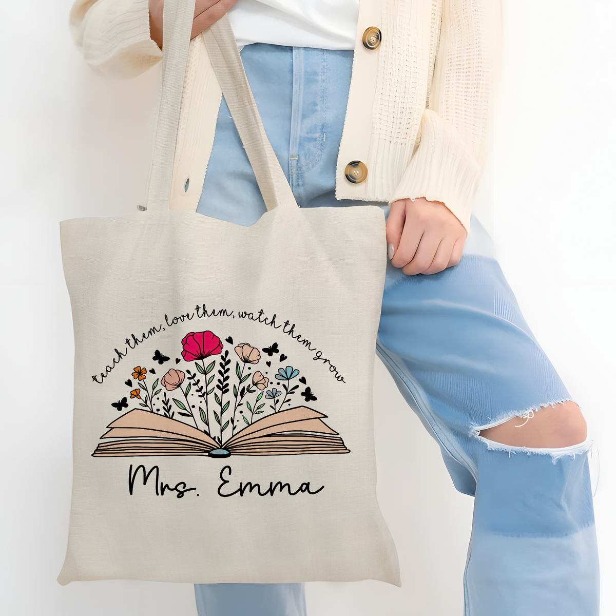 Personalized Name Teacher Appreciation With Flower and Book Tote Bag Gift For Teacher LM32 893739