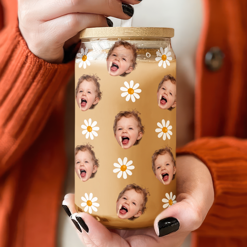 Custom Face Photo With Icon Family Glass Can With Lid TH10 894265