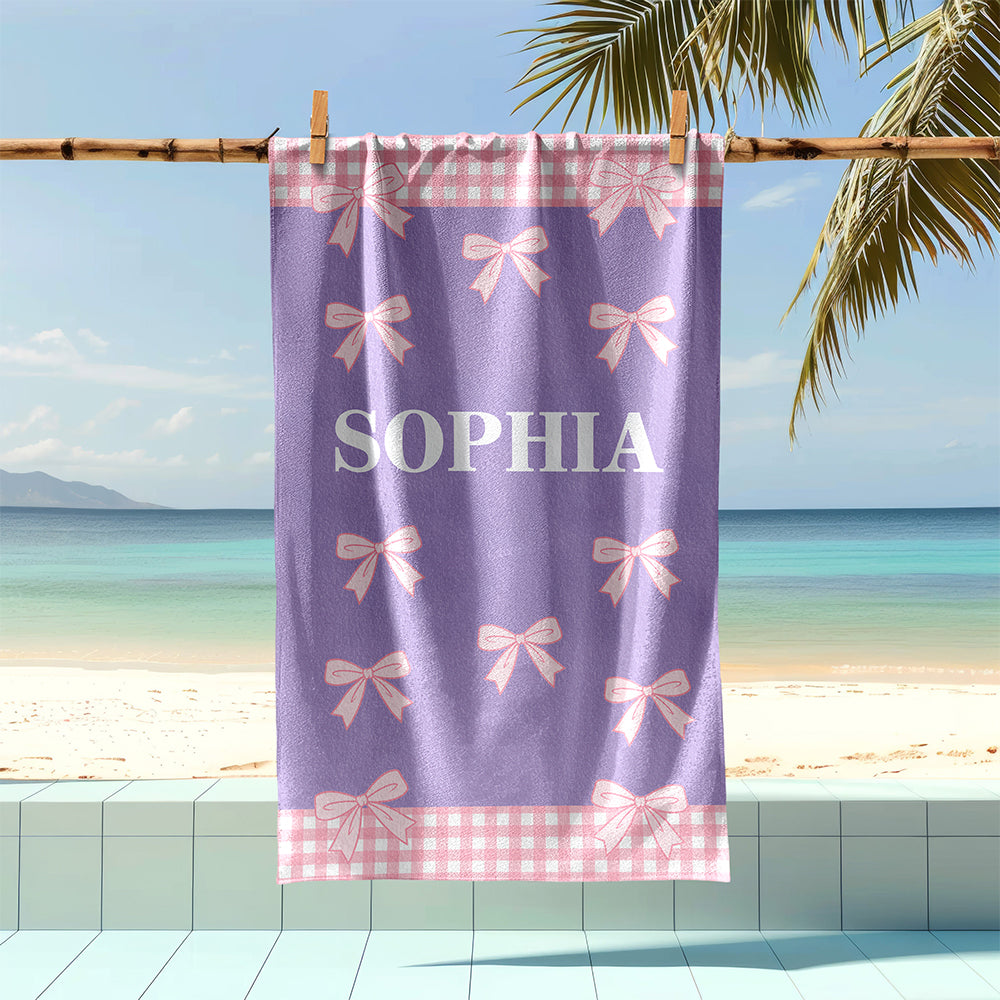 Custom Name Bows and Gingham Border Beach Towel - Personalized Summer Gift for Girls LM32 899663