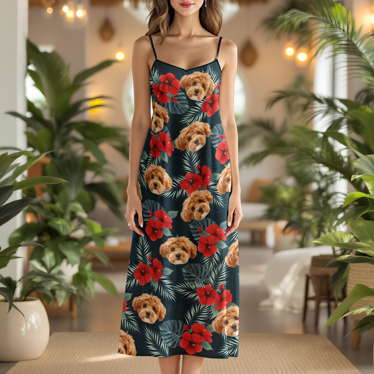 Custom Dog Photo Tropical Women's V-Neck Cami Maxi Dress HA75 892234