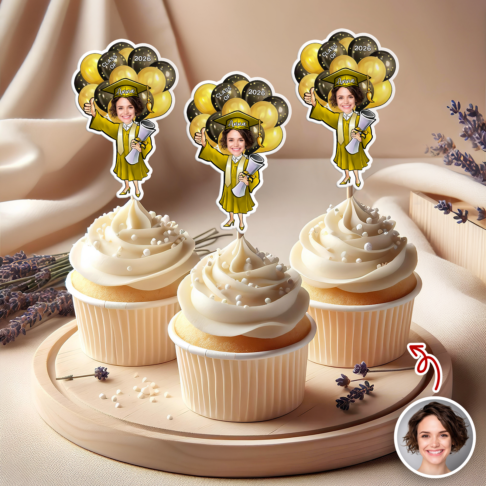 Custom Photo Class of 2026 Balloons Graduation Cupcake Toppers, Personalized Grad Party Decor CH07 910986
