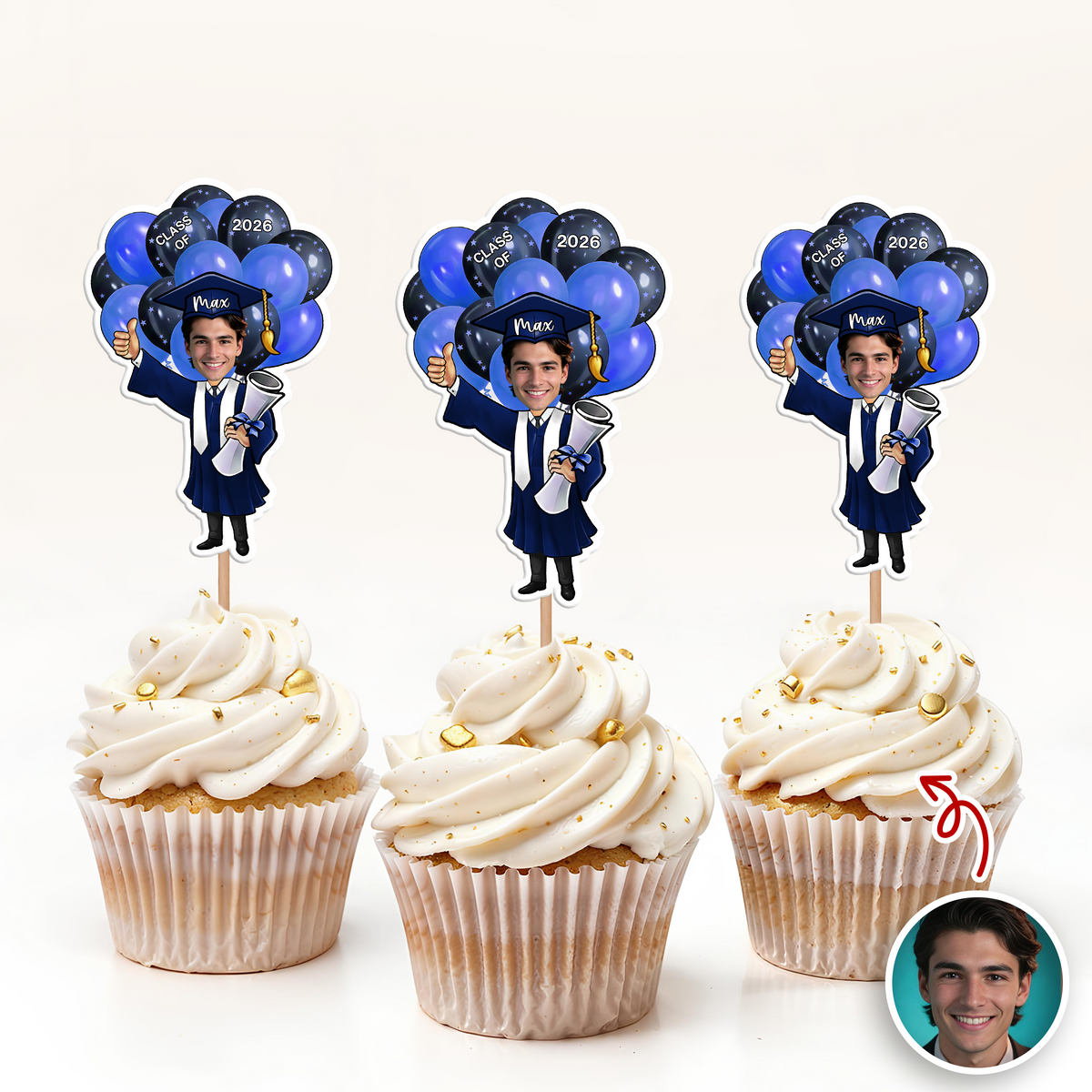 Custom Photo Class of 2026 Balloons Graduation Cupcake Toppers, Personalized Grad Party Decor CH07 910986