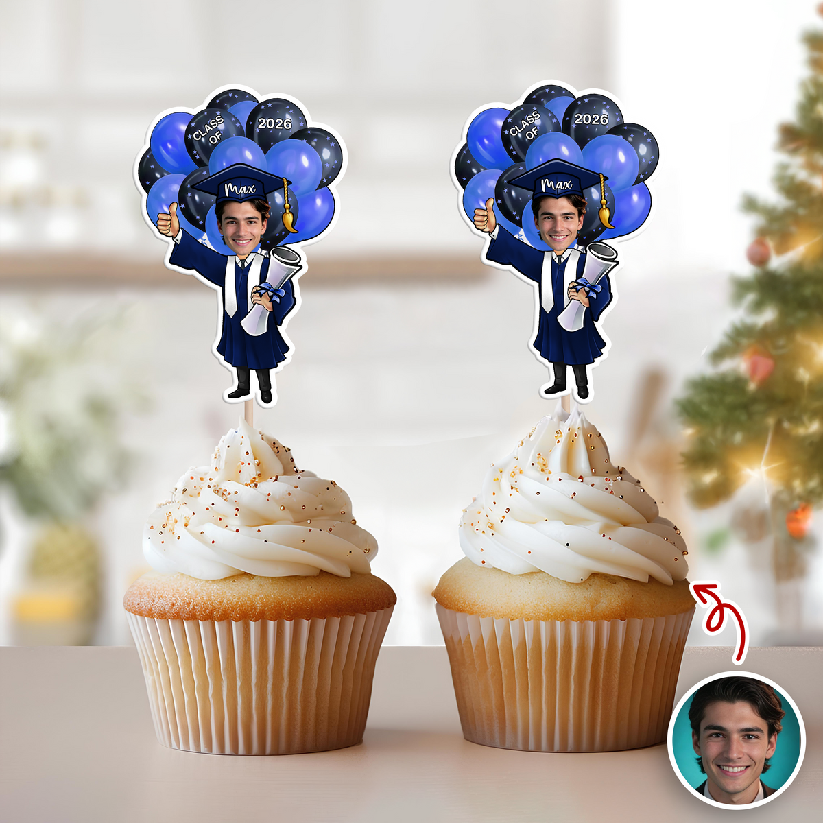 Custom Photo Class of 2026 Balloons Graduation Cupcake Toppers, Personalized Grad Party Decor CH07 910986