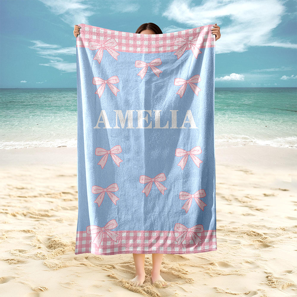 Custom Name Bows and Gingham Border Beach Towel - Personalized Summer Gift for Girls LM32 899663
