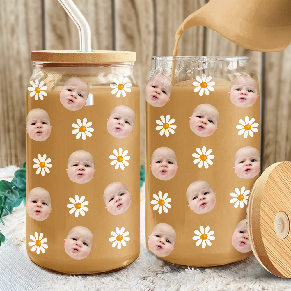 Custom Face Photo With Icon Family Glass Can With Lid TH10 894265