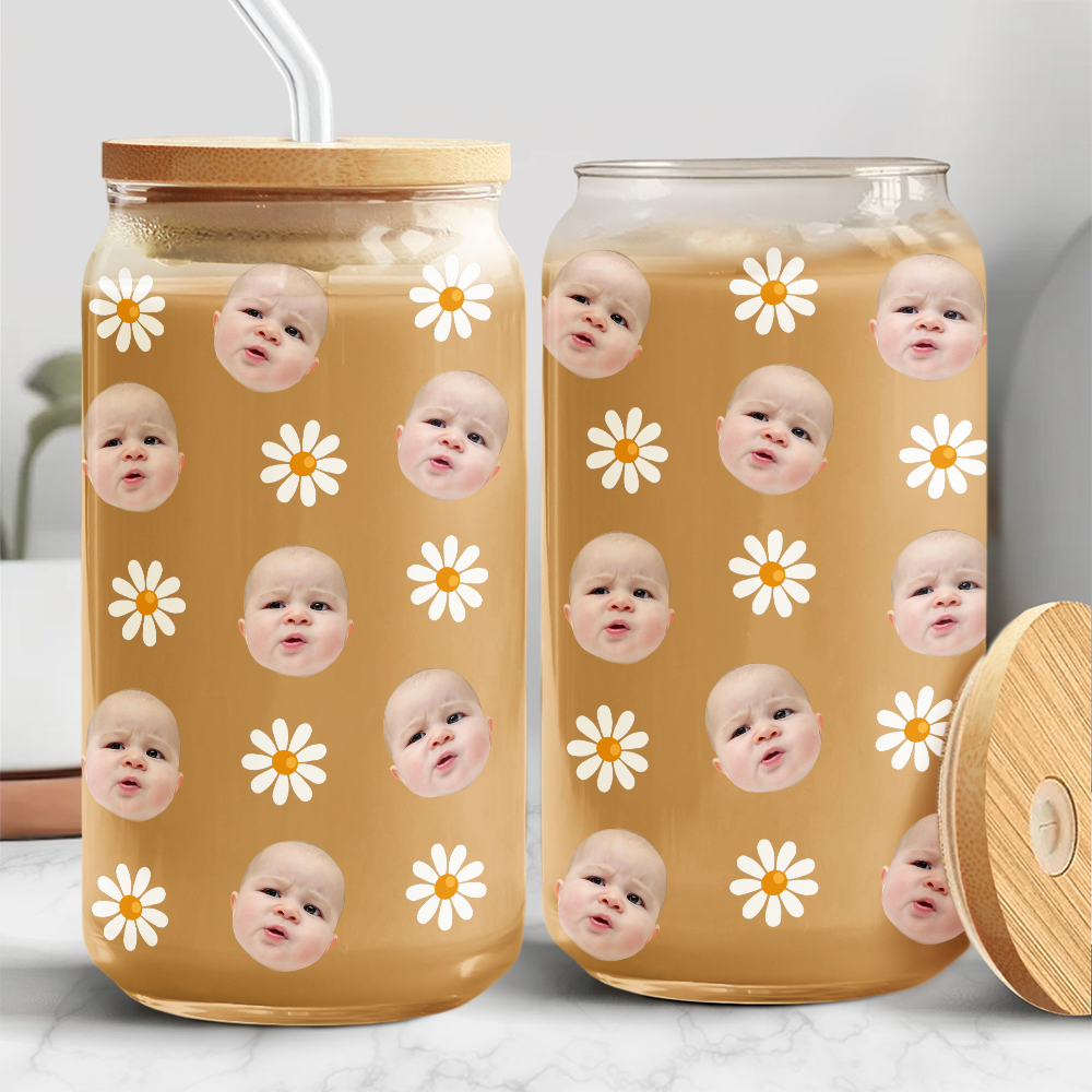 Custom Face Photo With Icon Family Glass Can With Lid TH10 894265