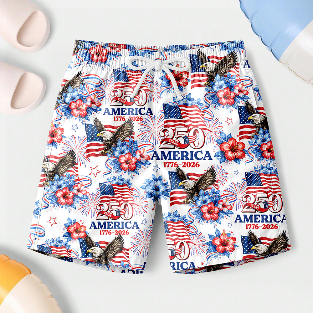 Personalized USA 250th Anniversary 1776–2026 Kids Beach Shorts – Patriotic Eagle Flag Gift for 4th of July TH10 169395