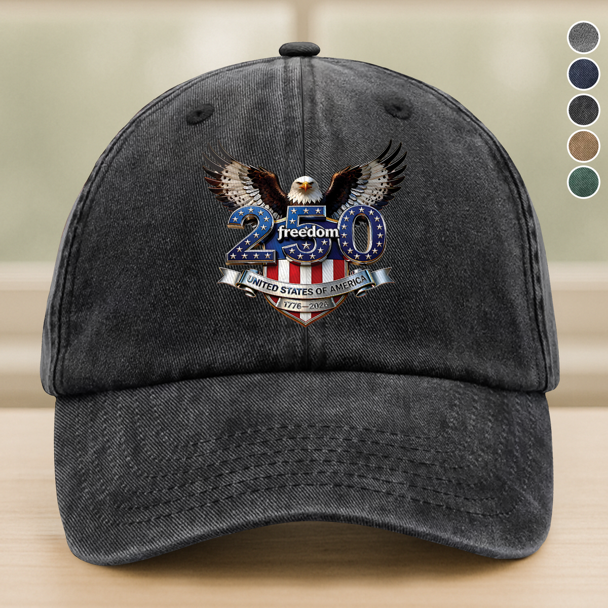 USA 250 Years Anniversary, Freedom Eagle 1776–2026 Washed Denim Baseball Cap HO82 902854