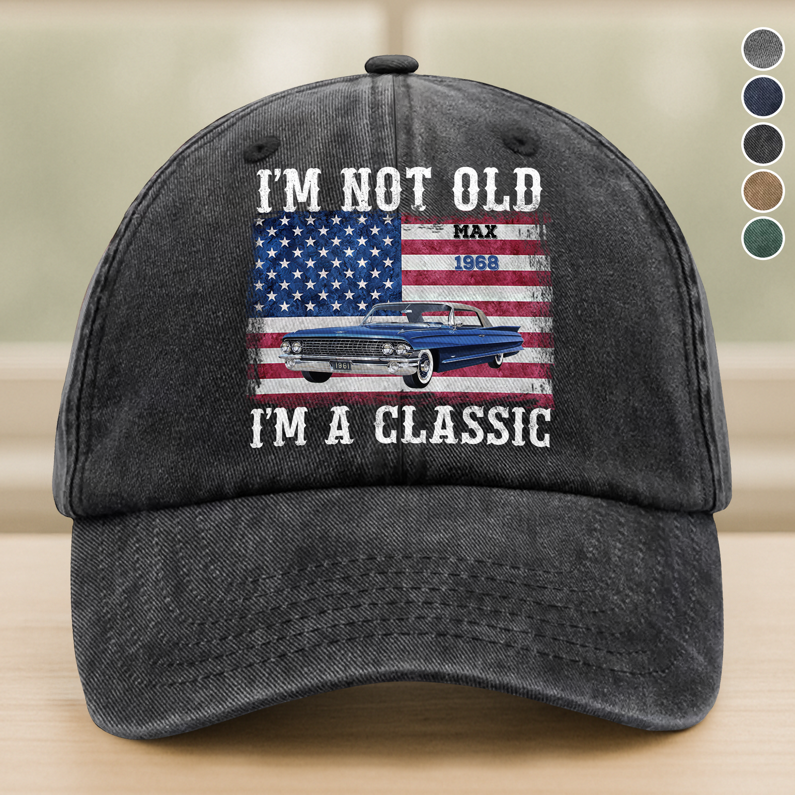 Custom Car Photo I'm Not Old Classic Car American Flag Washed Denim Baseball Cap CH07 896428