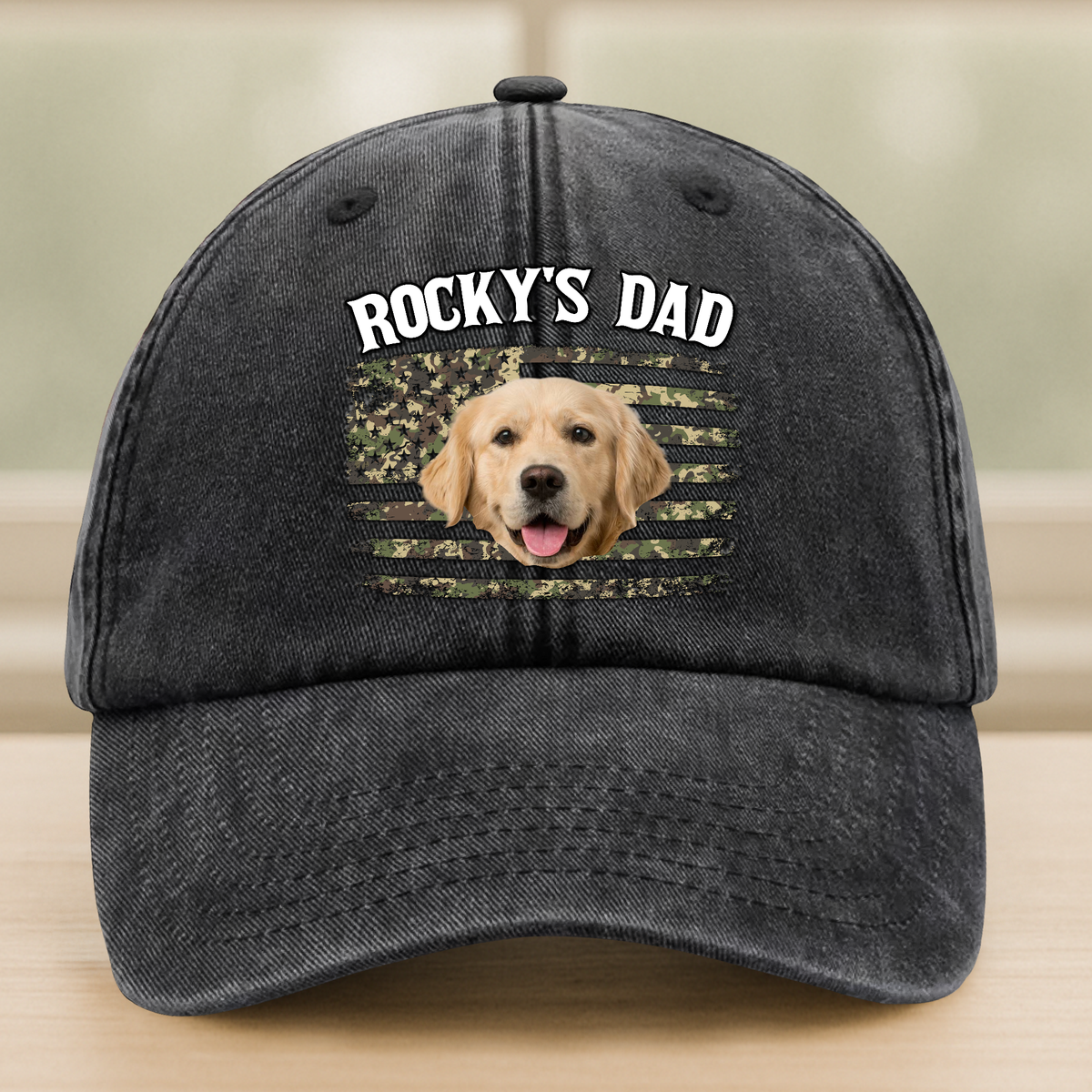 Custom Photo America Dog Dad Washed Denim Baseball Cap CH07 896014