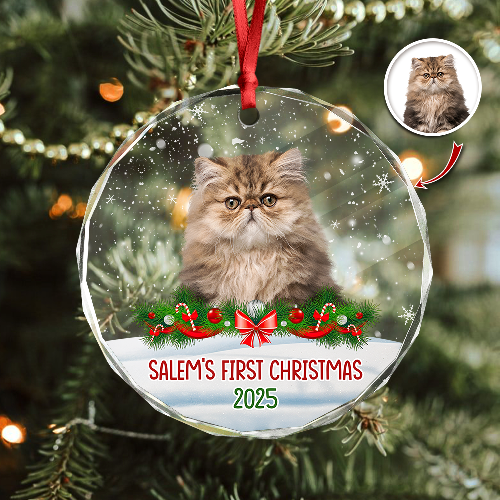 Custom Photo Cat First Christmas Glass Ornament HA75 897260