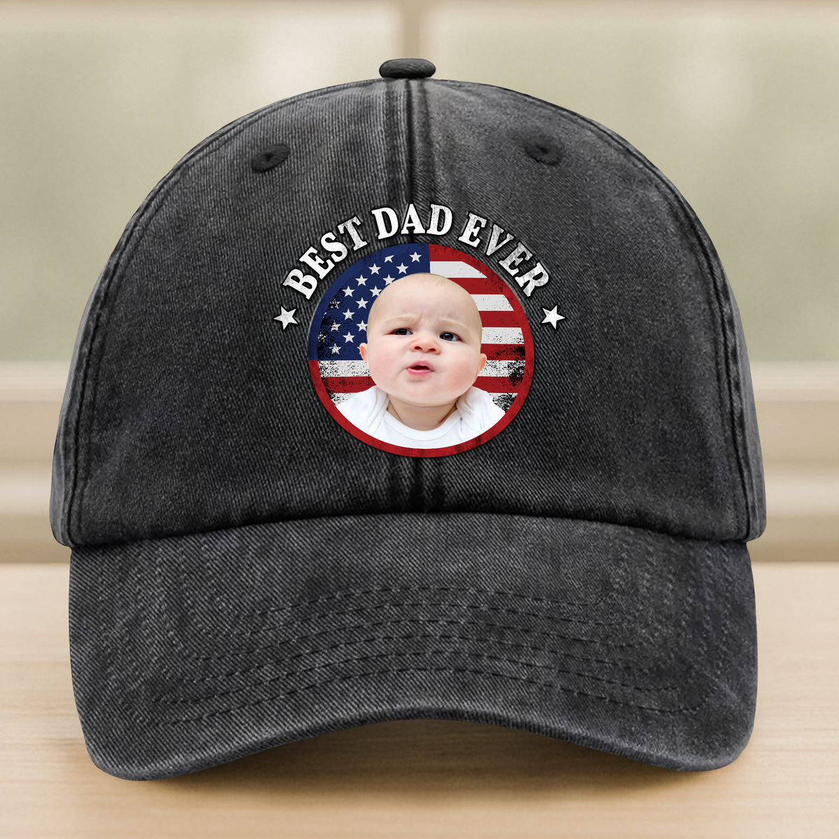 Custom Photo Best Dad Ever With US Flag Washed Denim Baseball Cap HA75 892528