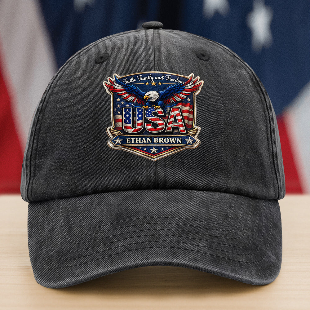 Personalized Faith, Family & Freedom America 250 Years Washed Denim Baseball Cap HA75 921018